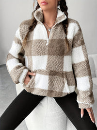 Thumbnail for Plaid Half Zip Long Sleeve Teddy Sweatshirt - T - 1 COLOR -