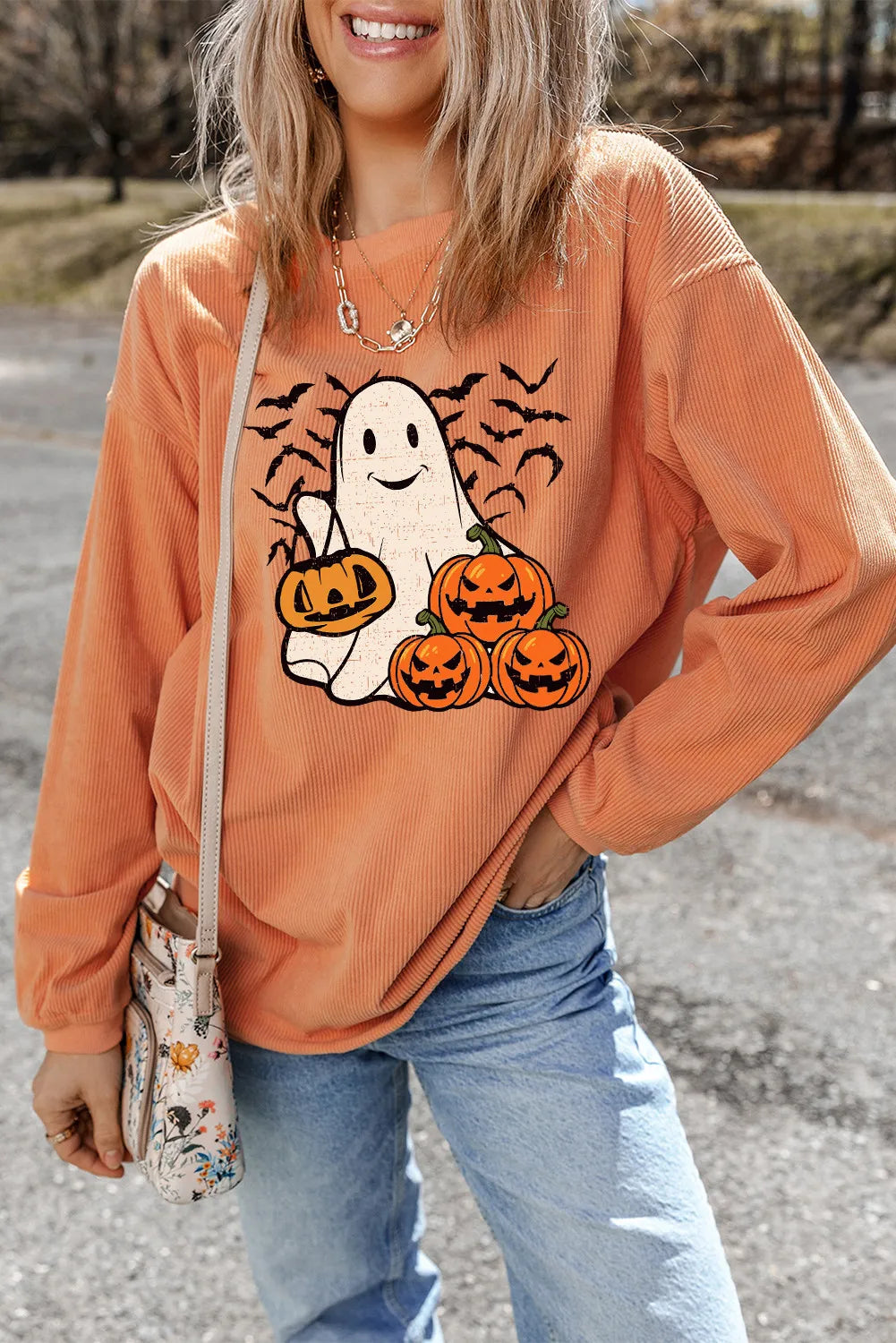 Jack-O'-Lantern Round Neck Long Sleeve Sweatshirt - T - 1 COLOR -