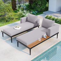 Thumbnail for Modern Outdoor Daybed Patio Metal Daybed With Wood Topped Side Spaces for Drinks, 2 in 1 Padded Chaise Lounges for Pools