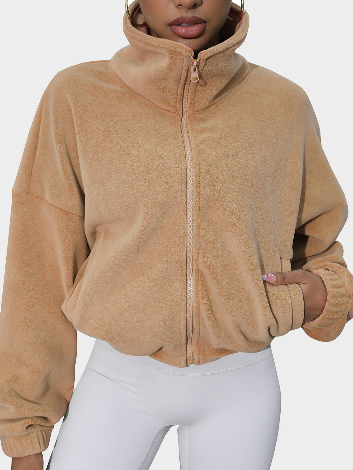 Drawstring Turtleneck Zip Up Long Sleeve Jacket - T - 4 COLORS -