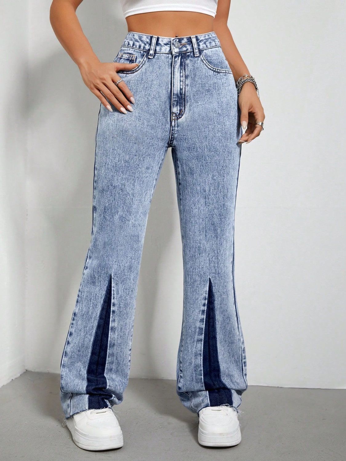 Contrast Bootcut Jeans with Pockets - T - 1 COLOR -