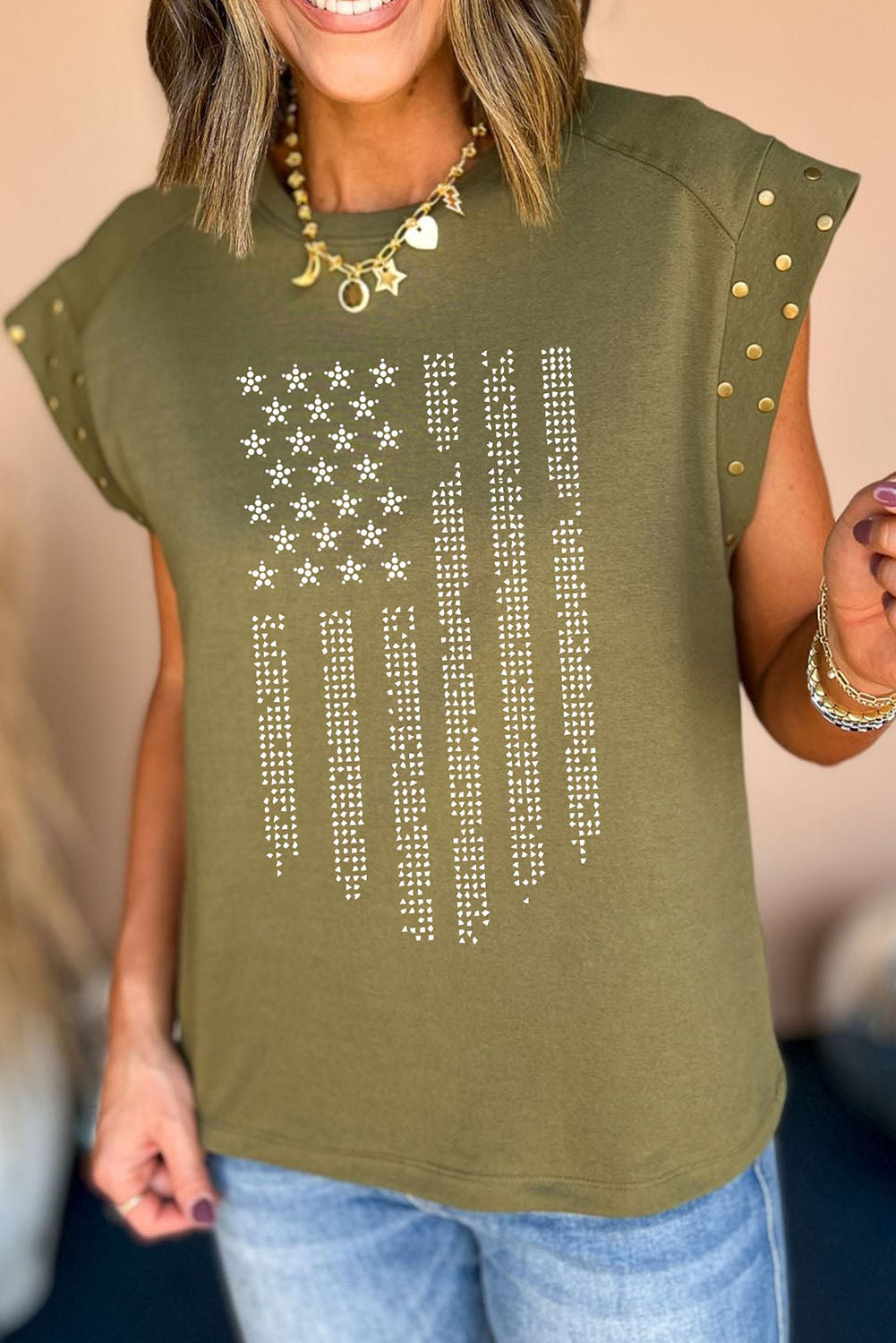 Rhinestone US Flag Round Neck Cap Sleeve T-Shirt - T - 1 COLOR -