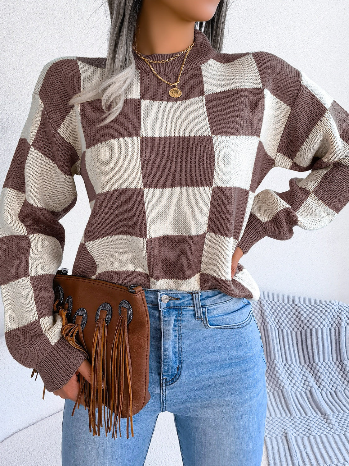 Checkered Mock Neck Long Sleeve Sweater - T - 4 COLORS -