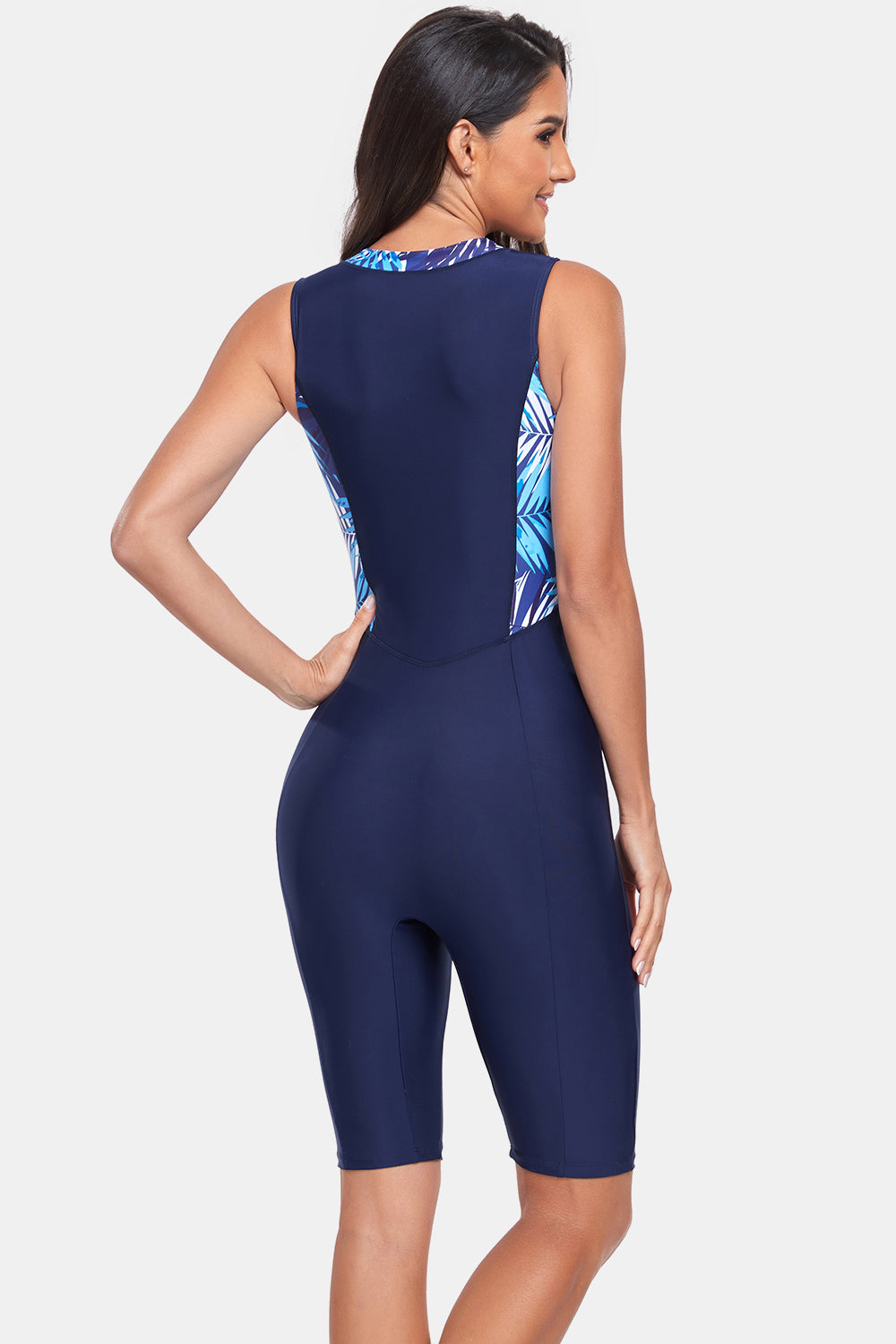 Printed Half Zip Sleeveless One Piece Swimwear - T - 1 COLOR -