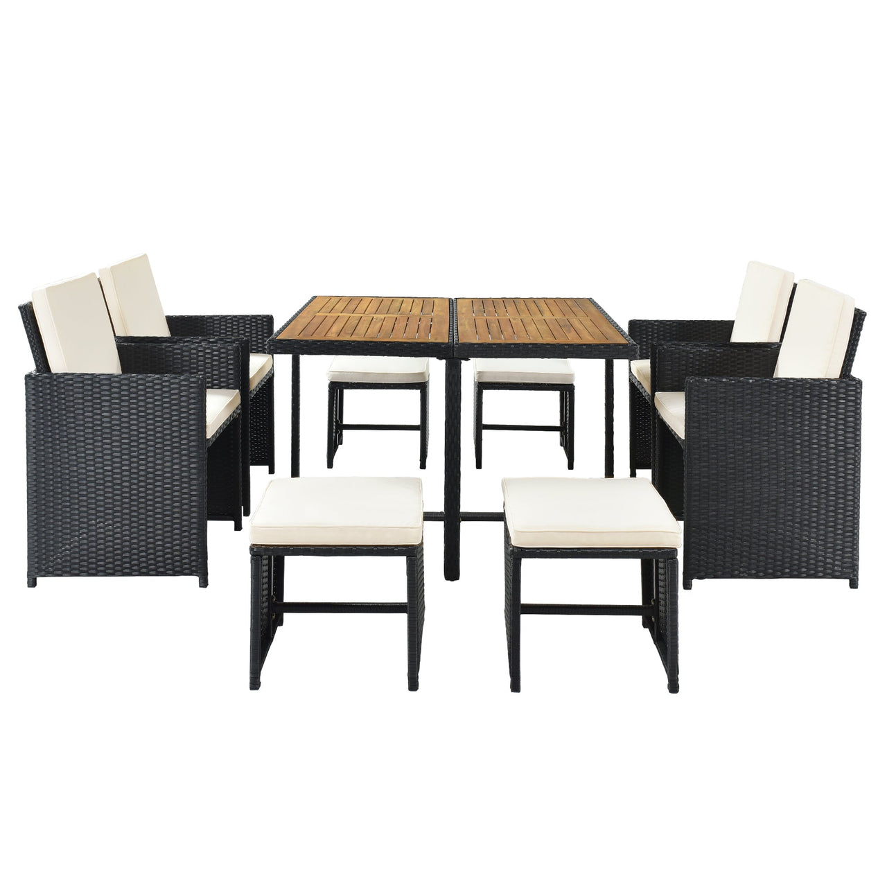 Patio All-Weather PE Wicker Dining Table Set With Wood Tabletop for 8, Black Rattan+Beige Cushion (9-Piece)