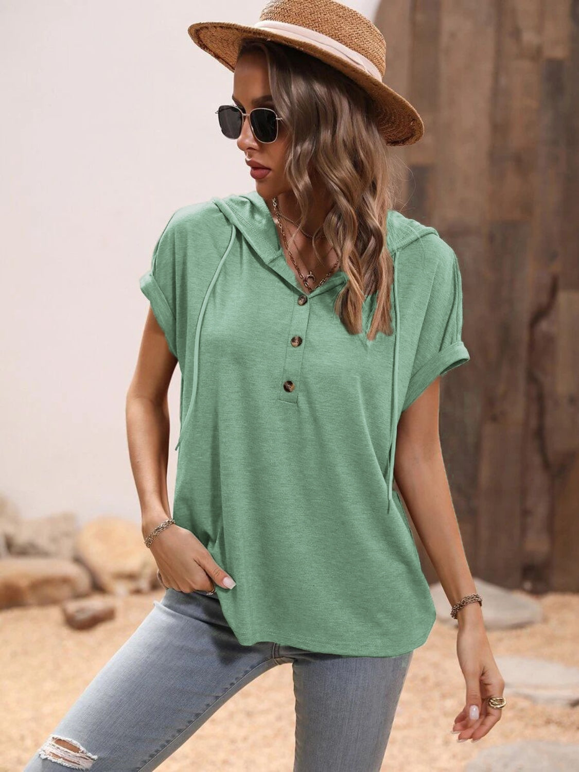 Half Button Hooded Short Sleeve Blouse - T - 4 COLORS -