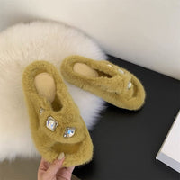 Thumbnail for Crisscross Rhinestone Trim Open Toe Slippers - T - 4 COLORS -