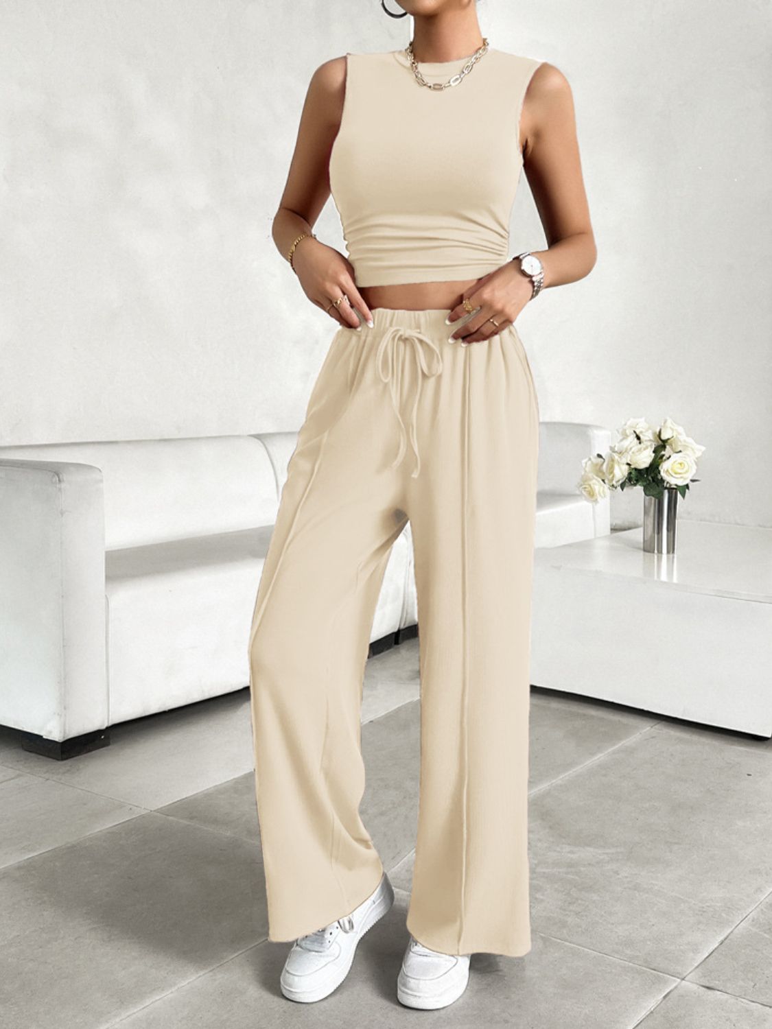 Mock Neck Sleeveless Top and Drawstring Pants Set - 2 PCS. - T - 5 COLORS -