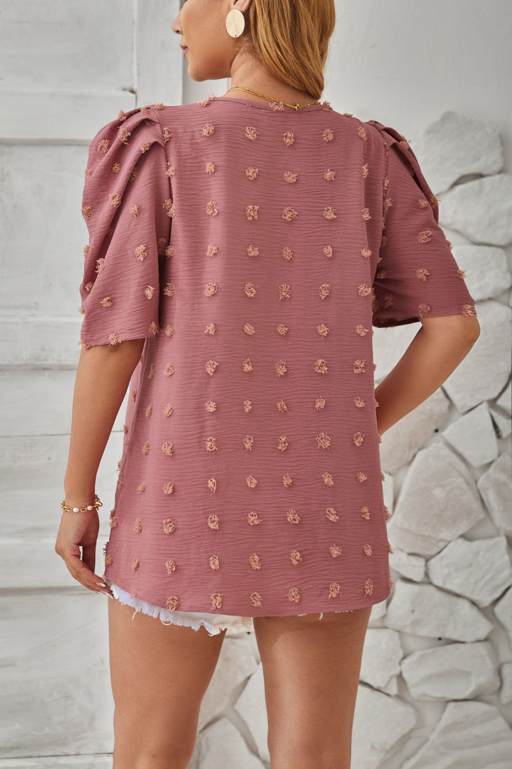 Swiss Dot Round Neck Short Sleeve Blouse - T - 5 COLORS -