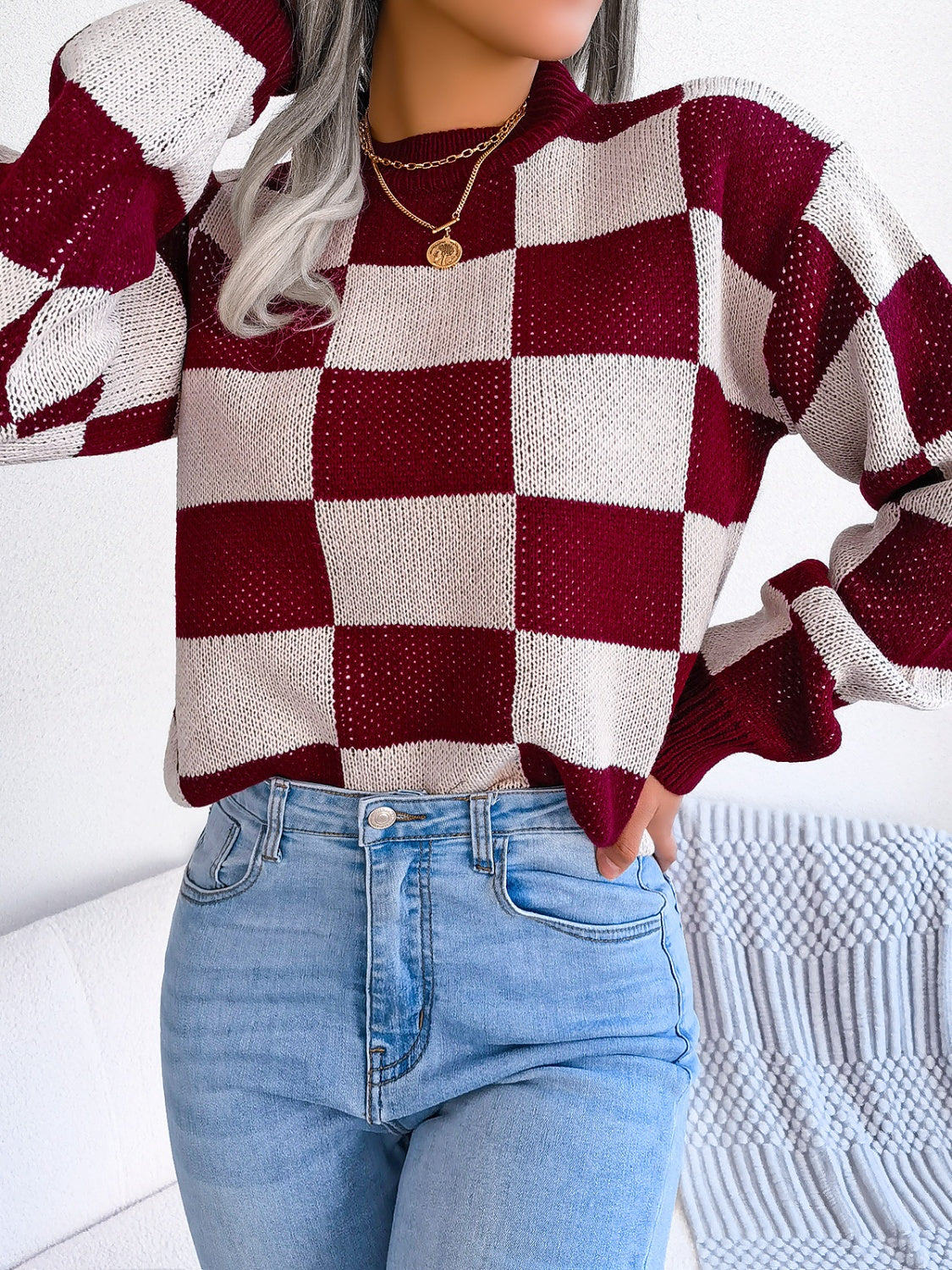 Checkered Mock Neck Long Sleeve Sweater - T - 4 COLORS -