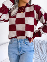 Thumbnail for Checkered Mock Neck Long Sleeve Sweater - T - 4 COLORS -