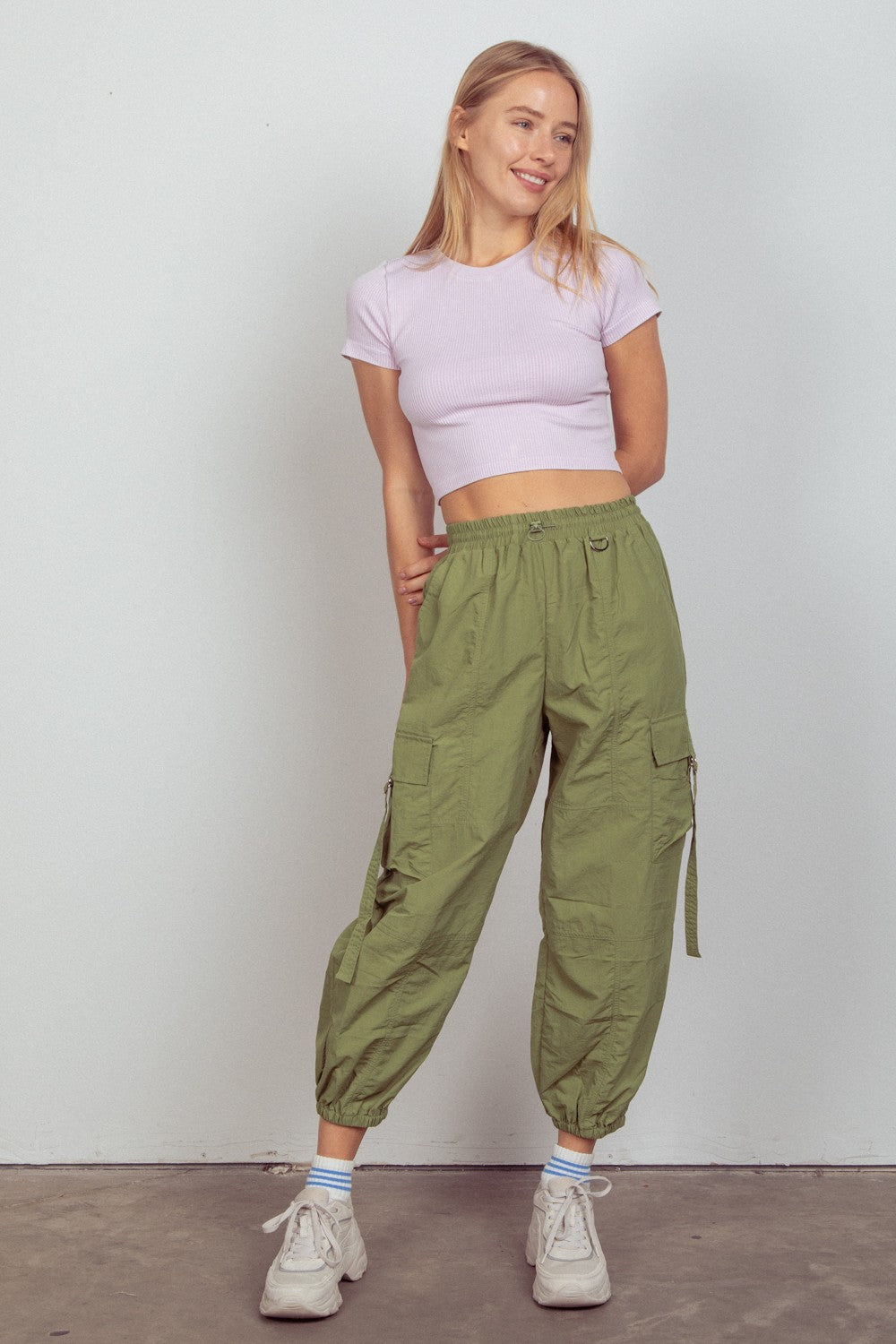 VERY J Elastic Waist Woven Cargo Pants - T - 1 COLOR -