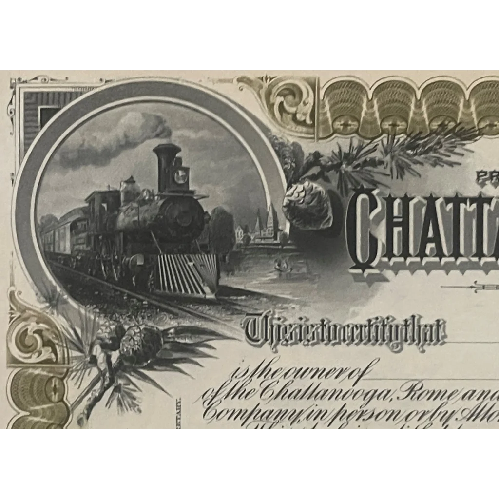 Very Rare Antique 1890s Chattanooga Rome and Southern Railroad Co. Stock Certificate