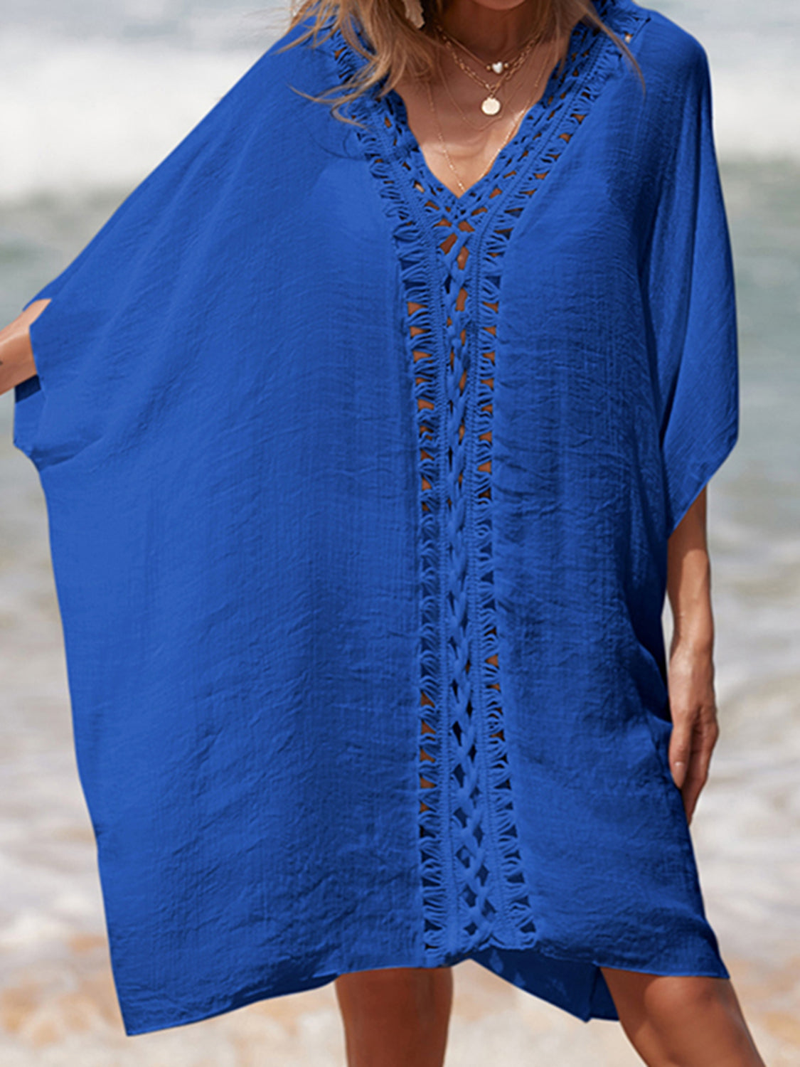 Cutout V-Neck Three-Quarter Sleeve Cover Up - 1 SIZE FITS ALL - T - 6 COLORS -