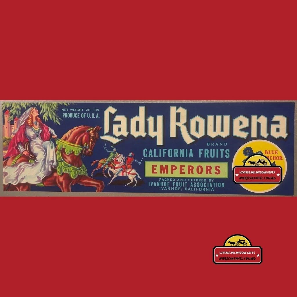 Antique Vintage 1950s Lady Rowena Crate Label, Ivanhoe, CA, Knights Duel Medieval