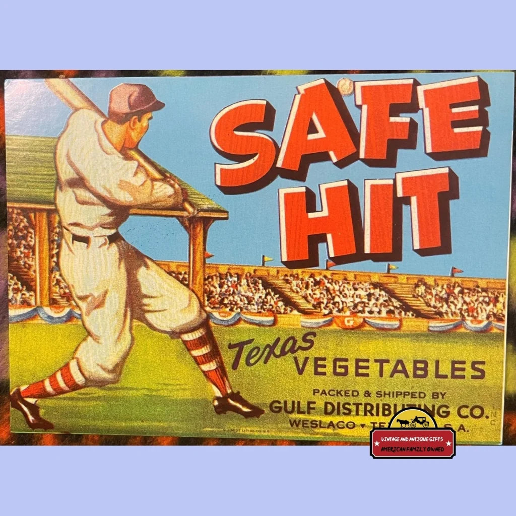 Vintage Safe Hit Baseball Crate Label, Weslaco, Tx 1950s