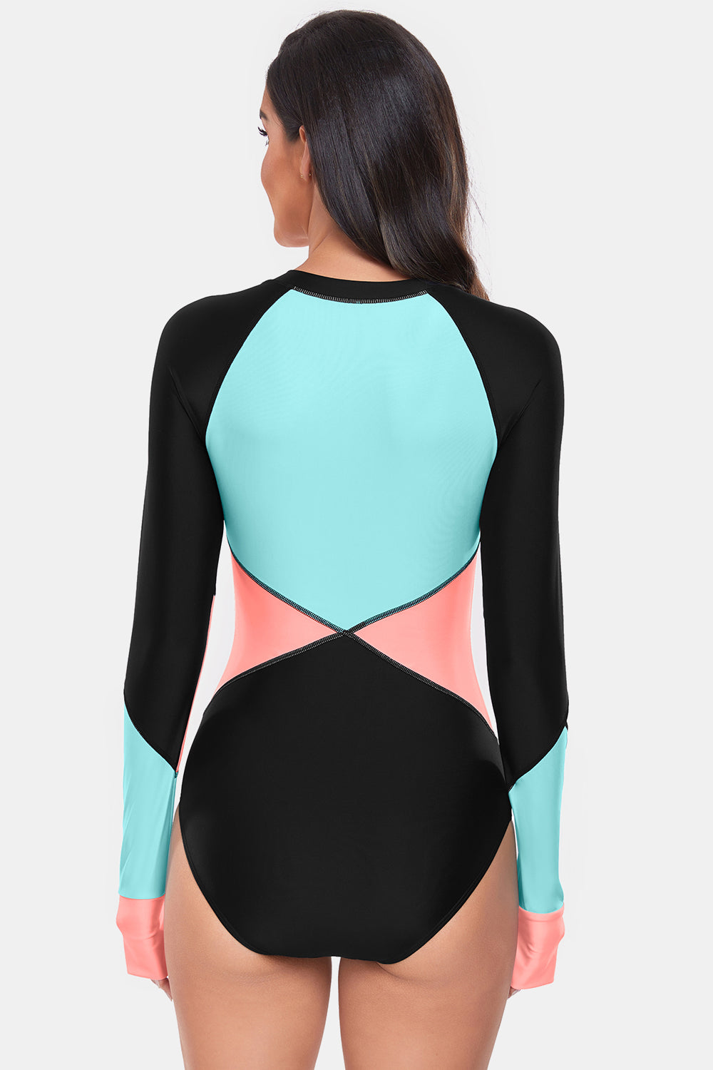 Color Block Half Zip Long Sleeve One-Piece Swimwear - T - 1 COLOR -