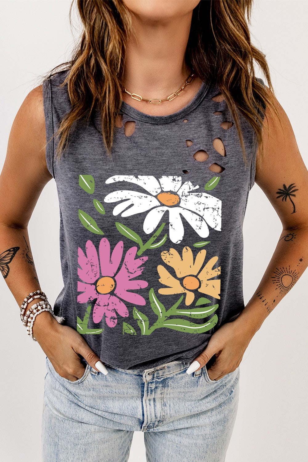 Distressed Graphic Round Neck Tank - T - 1 COLOR -