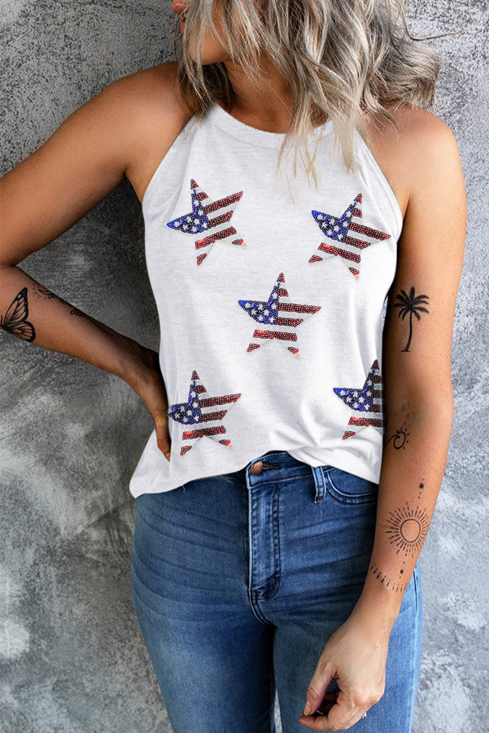 Sequin US Flag Star Neck Tank - T - 1 COLOR -