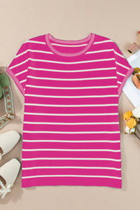 Thumbnail for Striped Round Neck Cap Sleeve Knit Top - T - 1 COLOR -