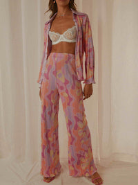 Thumbnail for Printed Collared Neck Long Sleeve Top and Pants Lounge Set - 2 PCS. - T - 4 COLORS -