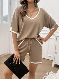 Thumbnail for Contrast Trim V-Neck Top and Shorts Set - 2 PCS. - T - 5 COLORS -