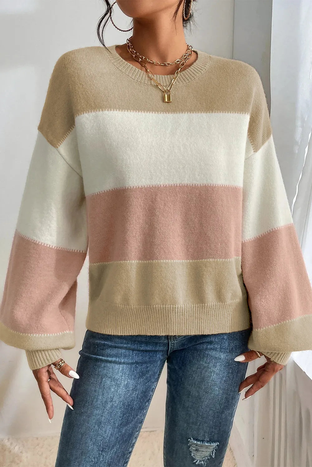 Color Block Round Neck Lantern Sleeve Sweater - T - 1 COLOR -