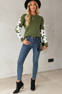 Thumbnail for Flower Round Neck Long Sleeve Sweater - T - 5 COLORS -