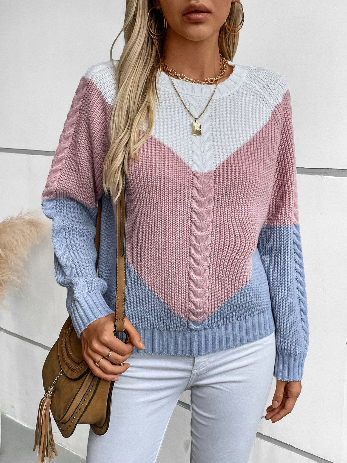 Color Block Round Neck Long Sleeve Sweater - T - 2 COLORS -