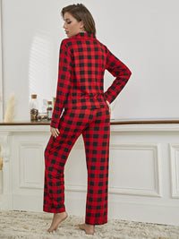 Thumbnail for Plaid Collared Neck Long Sleeve Top and Pants Lounge Set - 2 PCS. - T - 1 COLOR -