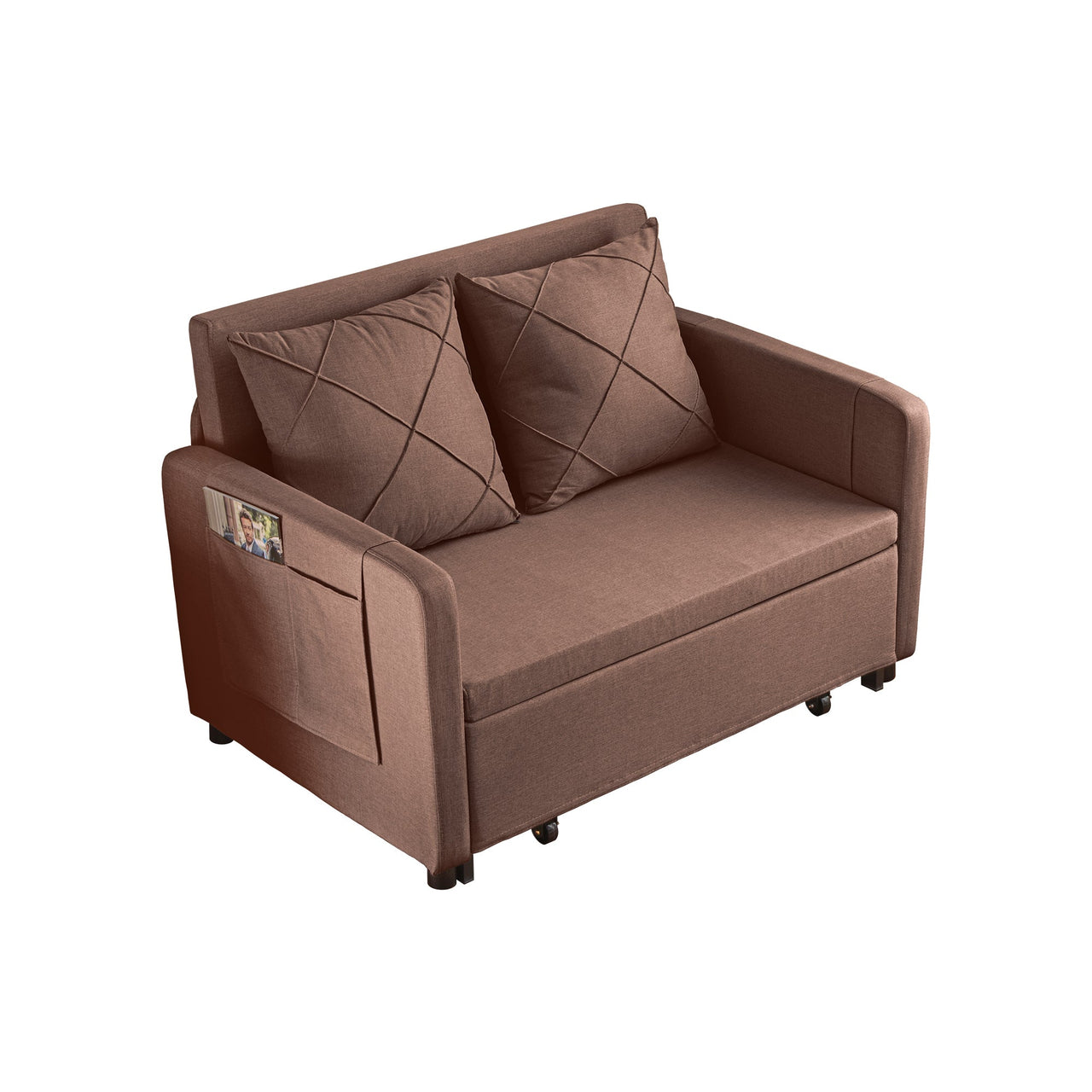 Modern Love Seat Futon Sofa Bed With Headboard,Linen Love Seat Couch,Pull Out Sofa Bed With 2 Pillows & 2 Sides Pockets