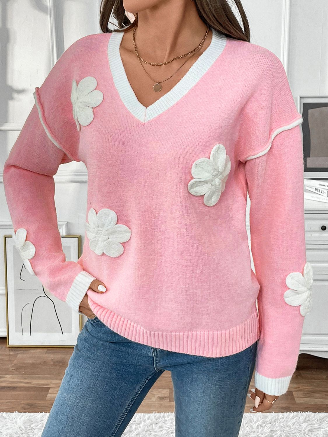 Perfee Flower V-Neck Long Sleeve Sweater - T - 1 COLOR -