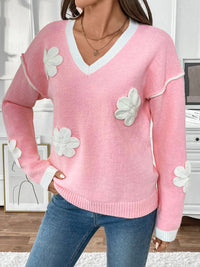 Thumbnail for Perfee Flower V-Neck Long Sleeve Sweater - T - 1 COLOR -