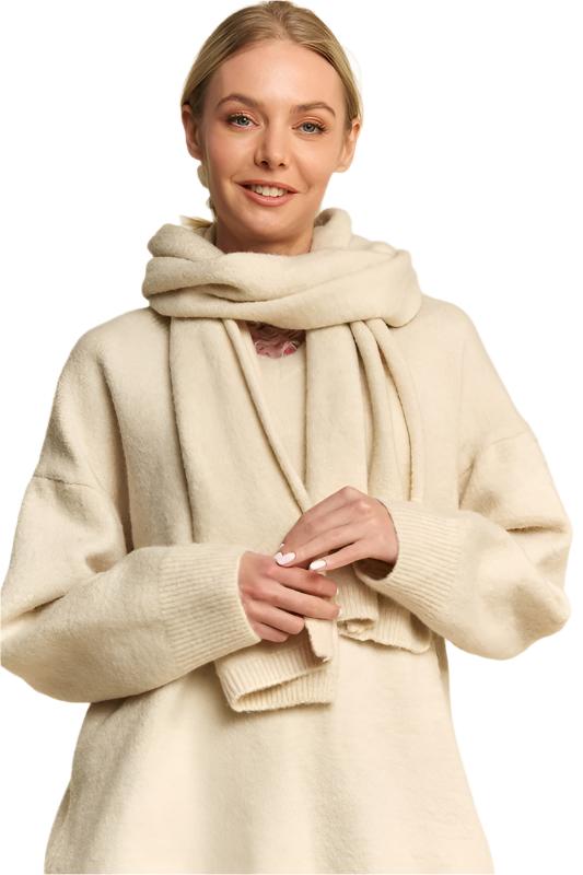 Davi & Dani V-Neck Dropped Shoulder Sweater with Scarf - 2 PCS. - T - 1 COLOR -