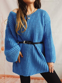 Thumbnail for Boat Neck Long Sleeve Sweater with Belt - 2 PCS. - 1 LARGE OVERSIZE - T - 5 COLORS -