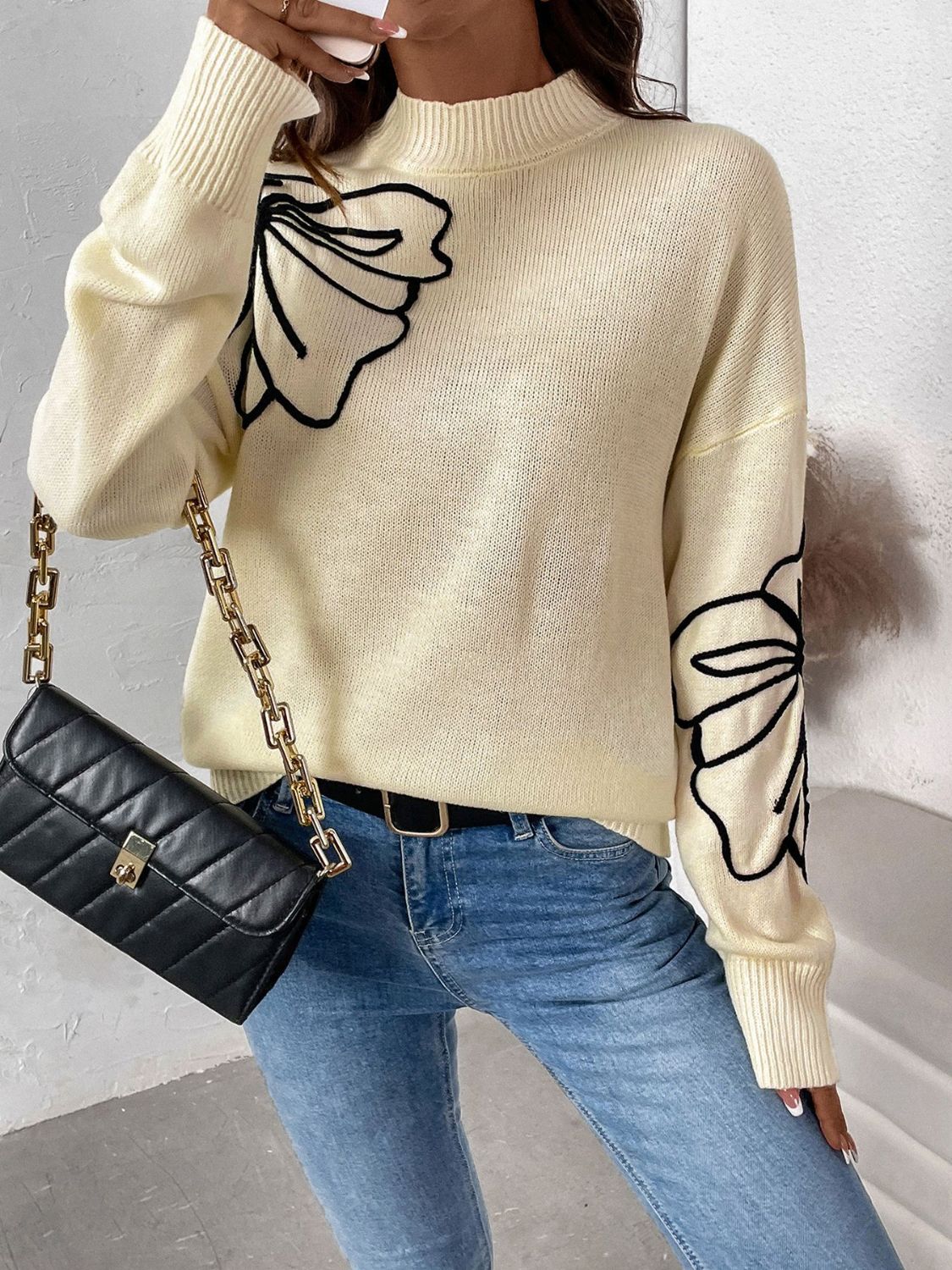 Perfee Mock Neck Dropped Shoulder Long Sleeve Sweater - T - 1 COLOR -