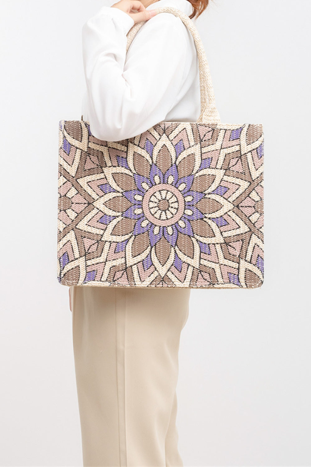 Flower Straw Weave Tote Bag - T - 2 COLORS -