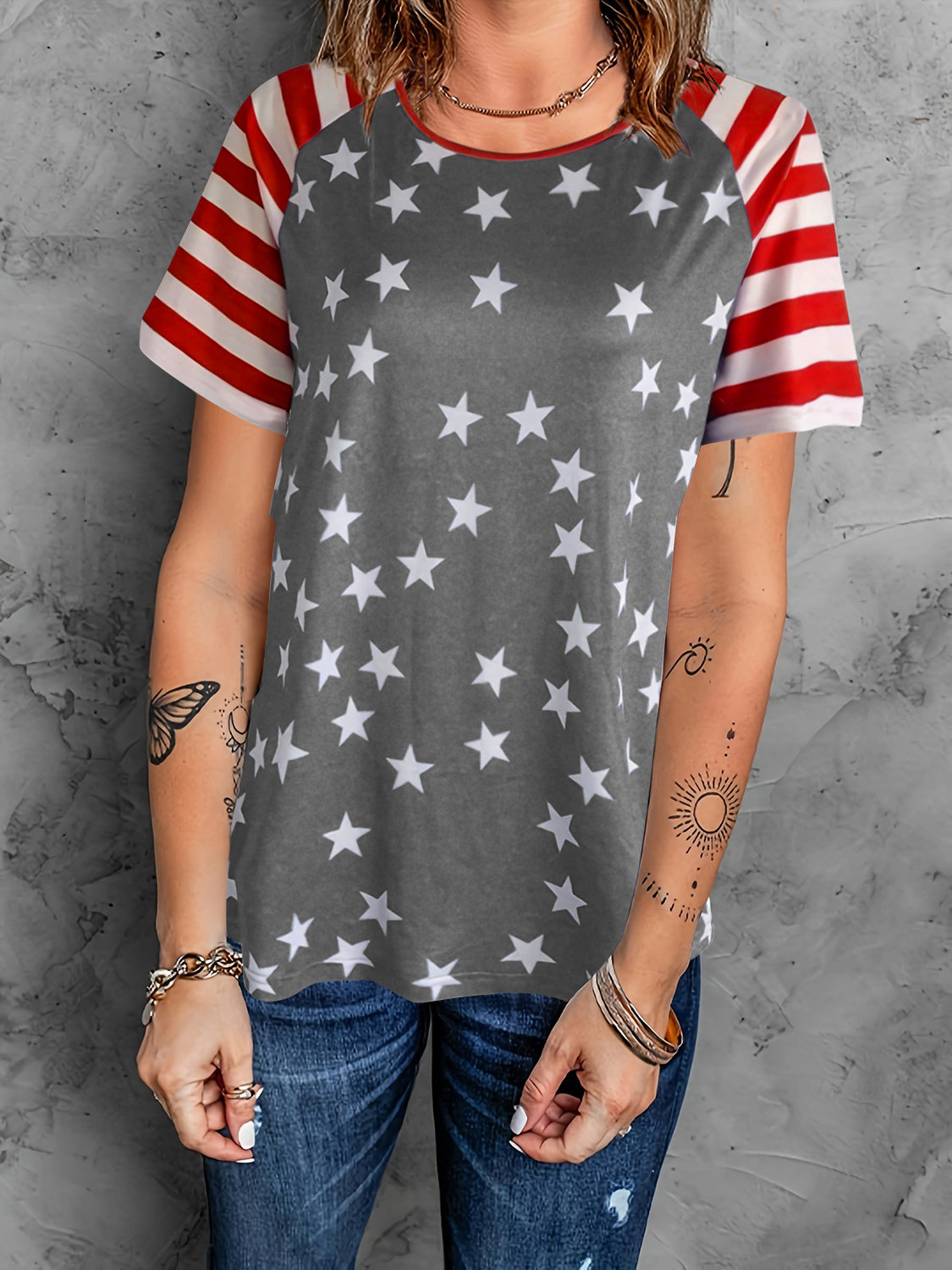 Full Size Star Striped Round Neck Short Sleeve T-Shirt - T - 3 COLORS -