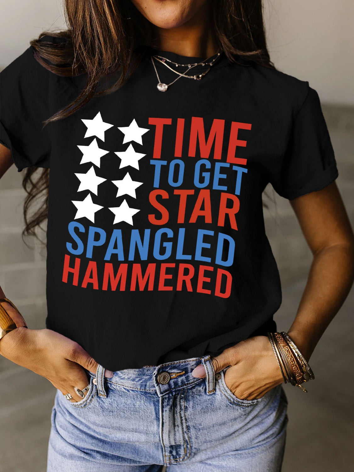 Full Size - 'Time to get Star Spangle Hammered' Letter Graphic Round Neck Short Sleeve T-Shirt - T - 12 COLORS -