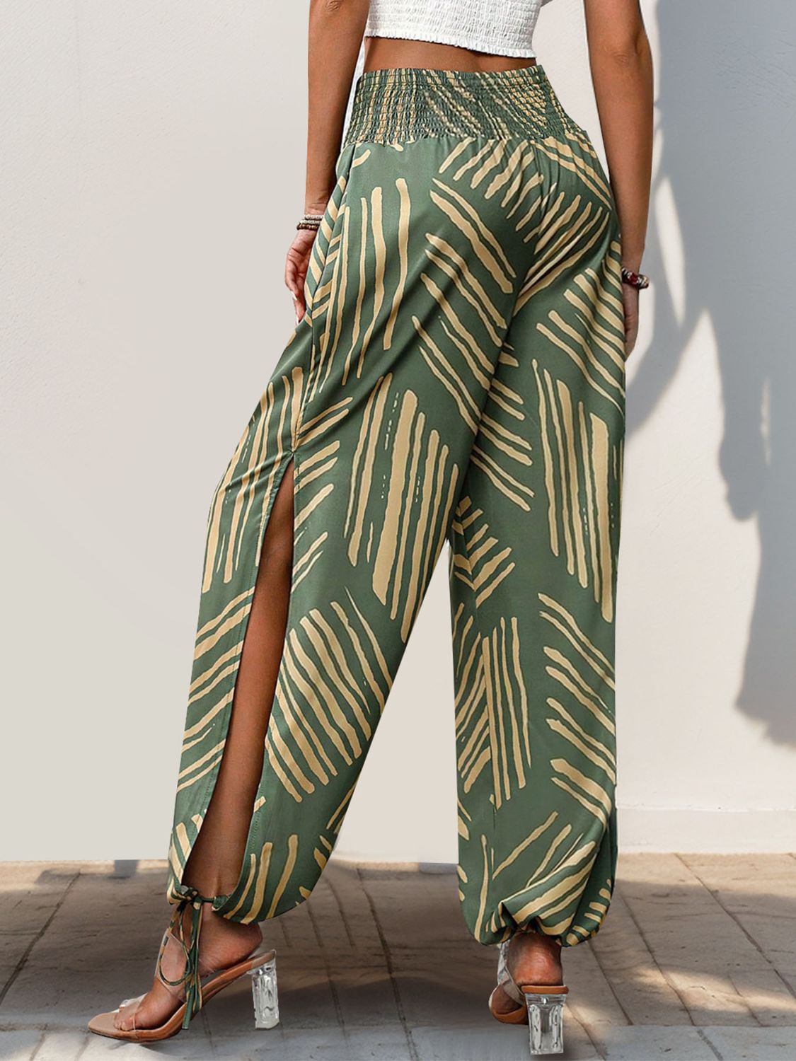 Smocked Slit Printed High Waist Pants - T - 1 COLOR -