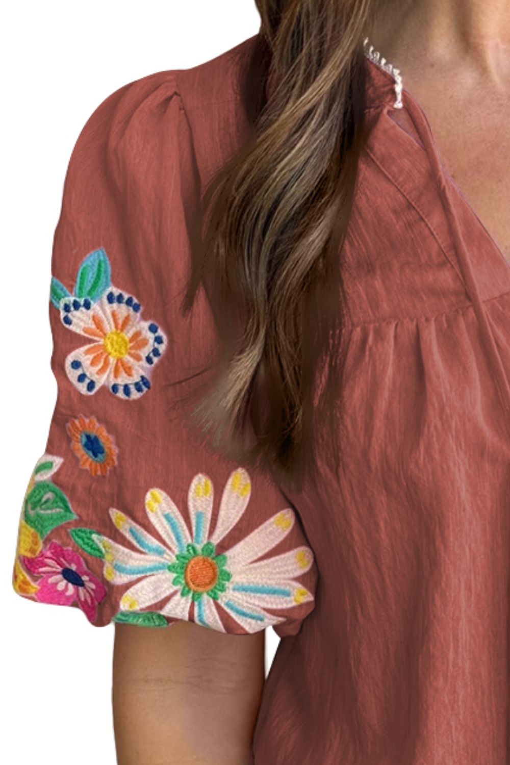 Embroidered Tie Neck Half Sleeve Blouse - T - 3 COLORS -