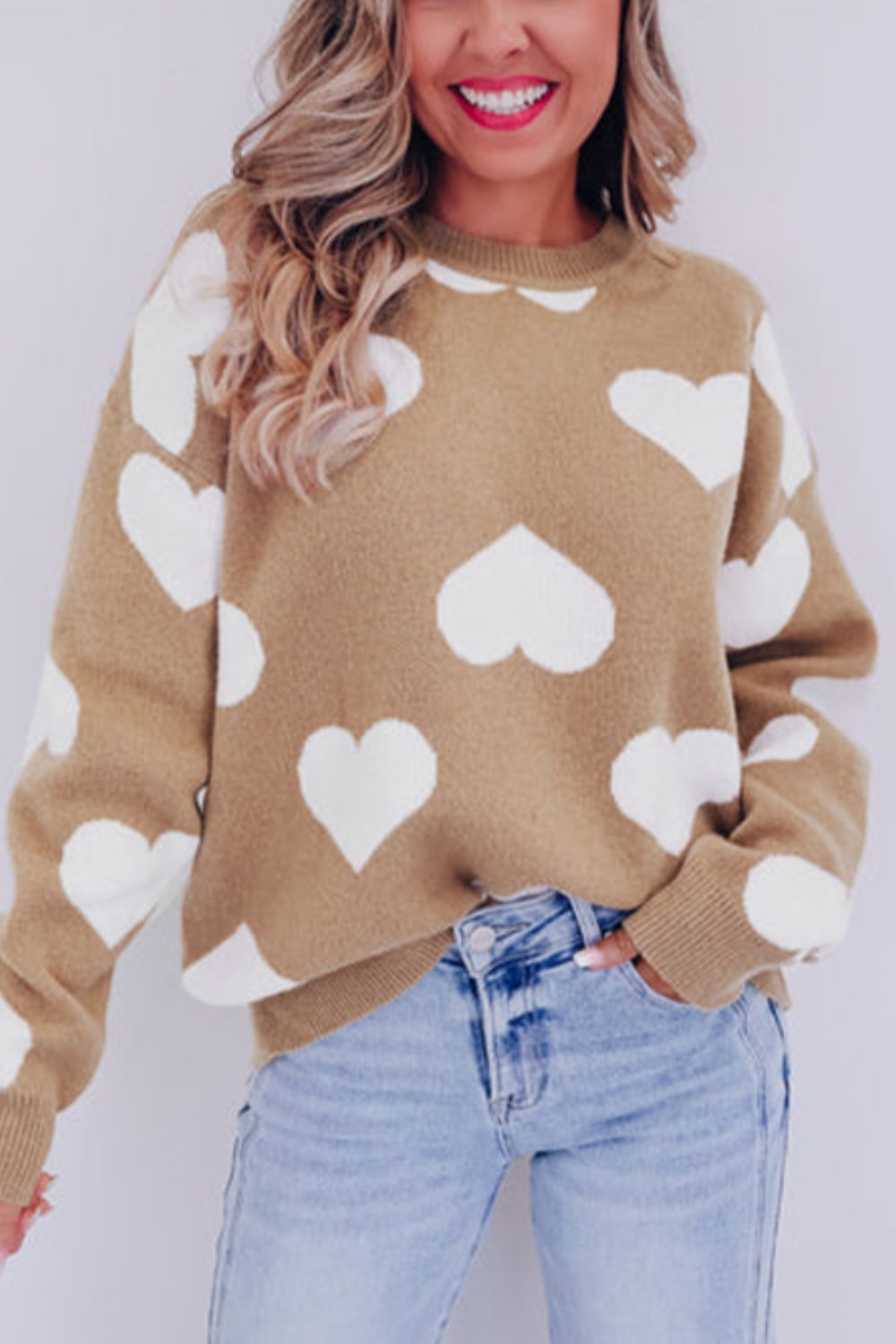 Heart Round Neck Long Sleeve Sweater - T - 1 COLOR -