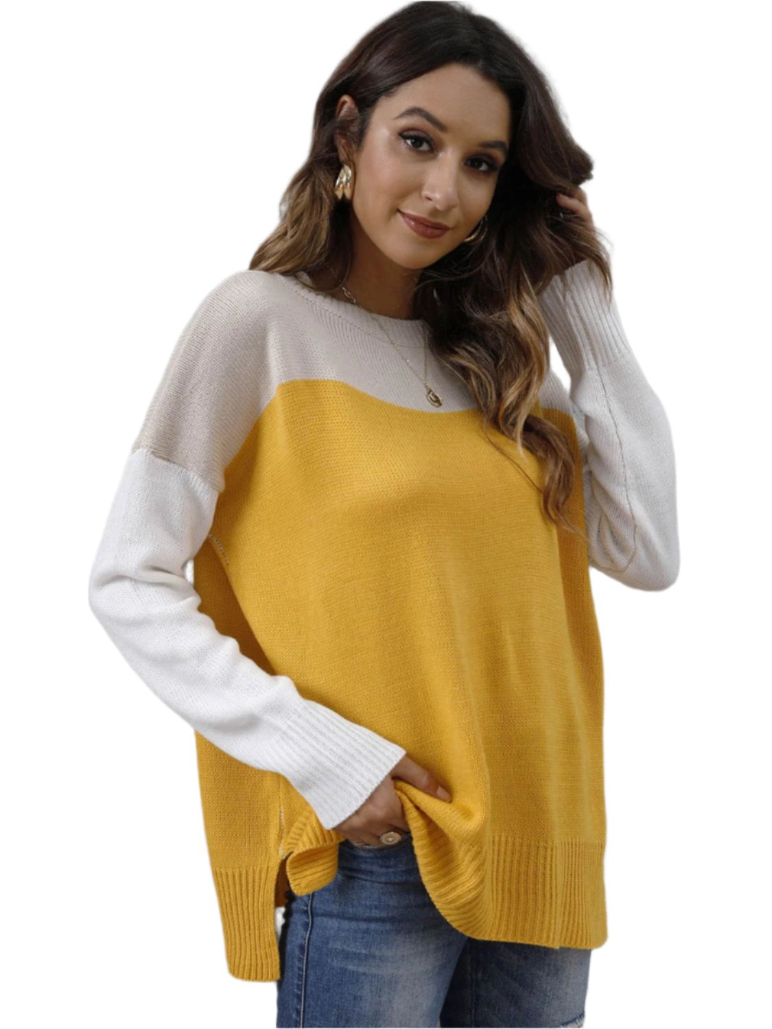 Color Block Round Neck Sweater - T - 3 COLORS -