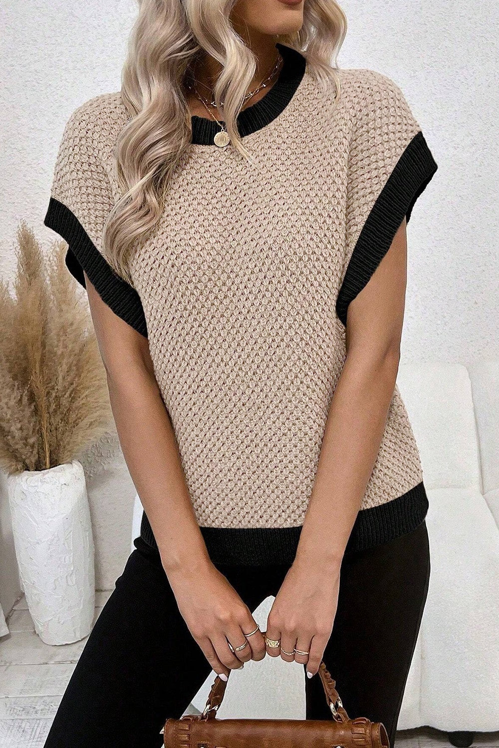 Contrast Round Neck Cap Sleeve Knit Top - T - 1 COLOR -