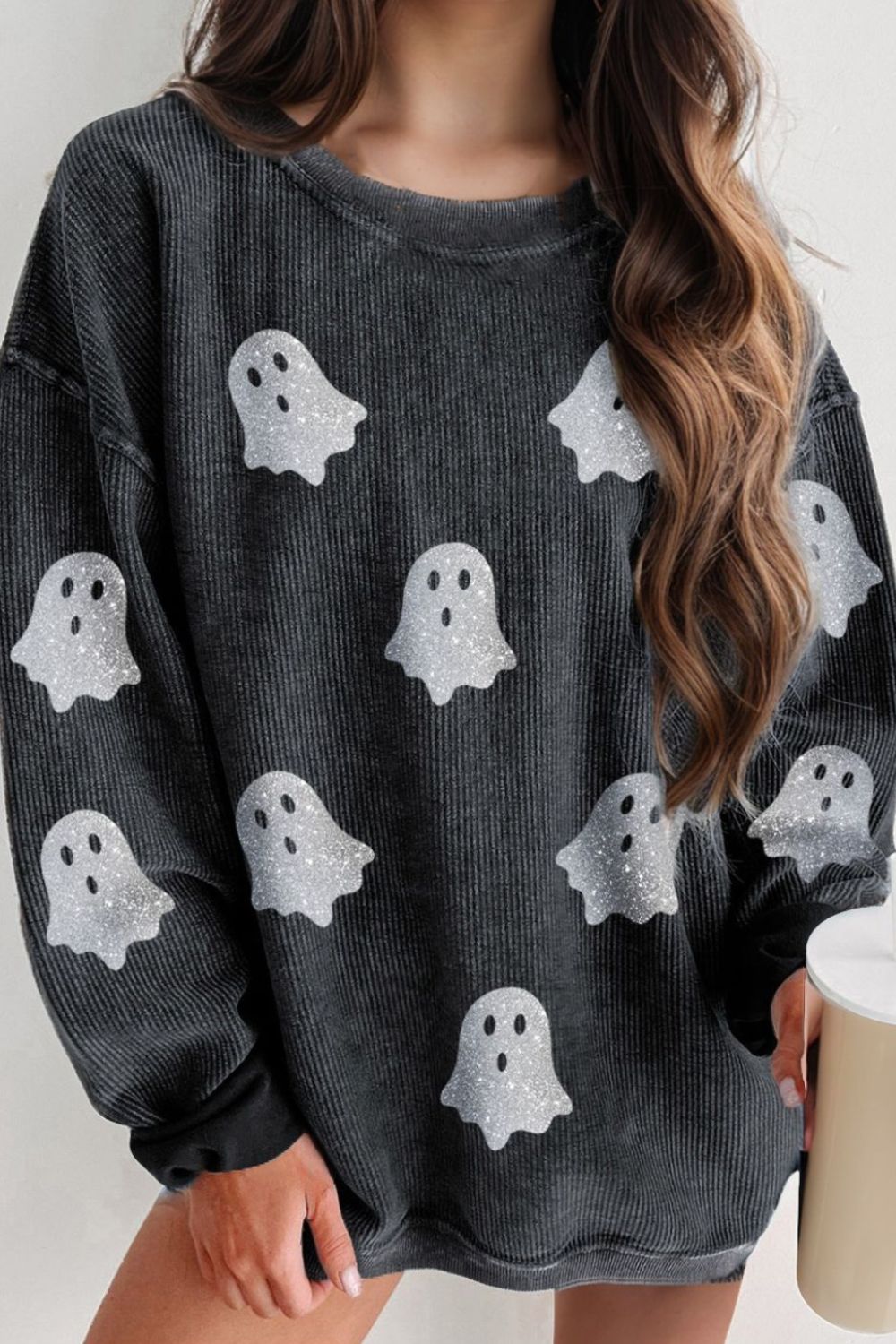 Glitter Ghost Round Neck Long Sleeve Sweatshirt - T - 3 COLORS -