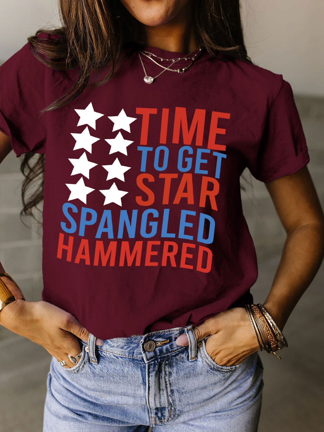 Full Size - 'Time to get Star Spangle Hammered' Letter Graphic Round Neck Short Sleeve T-Shirt - T - 12 COLORS -