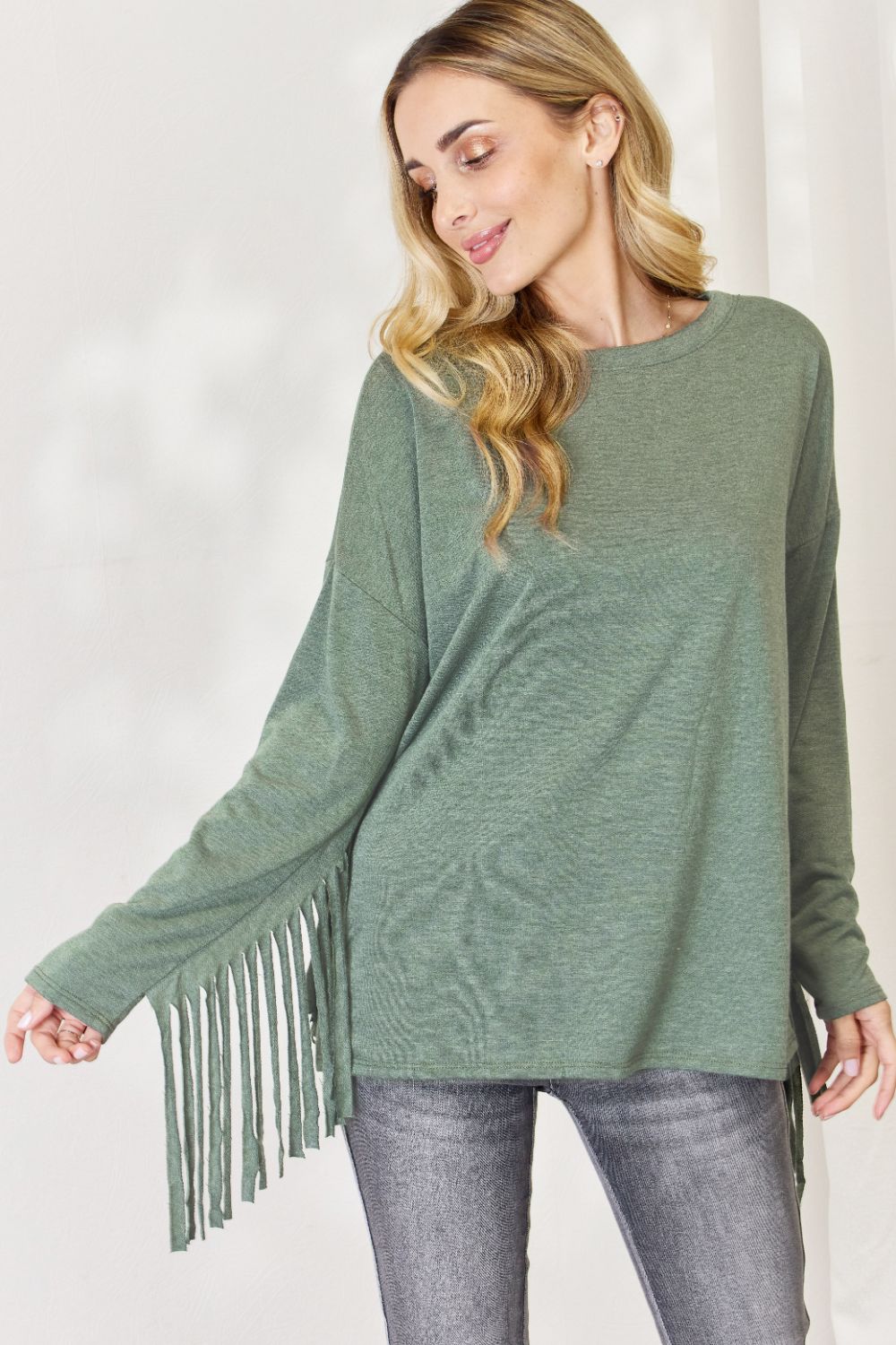 Celeste Full Size Fringe Detail Long Sleeve Top - SIZES S THRU 3XL - T - 1 COLOR -