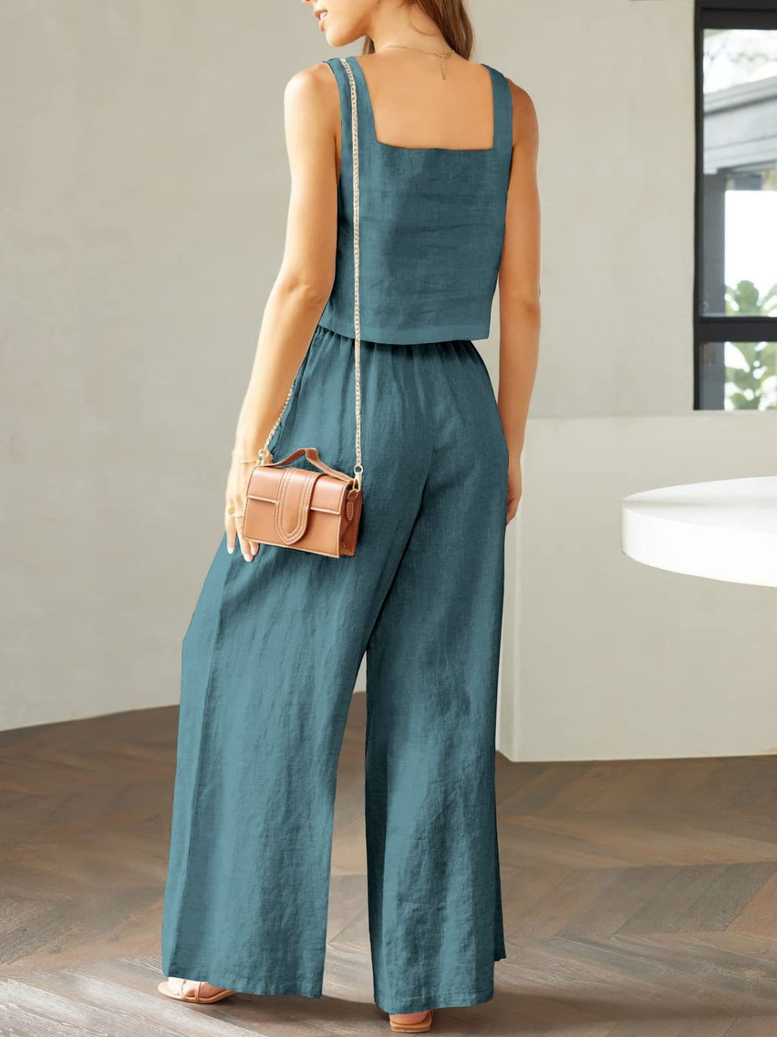 Square Neck Top and Wide Leg Pants set - 2 PCS. - T - 8 COLORS -