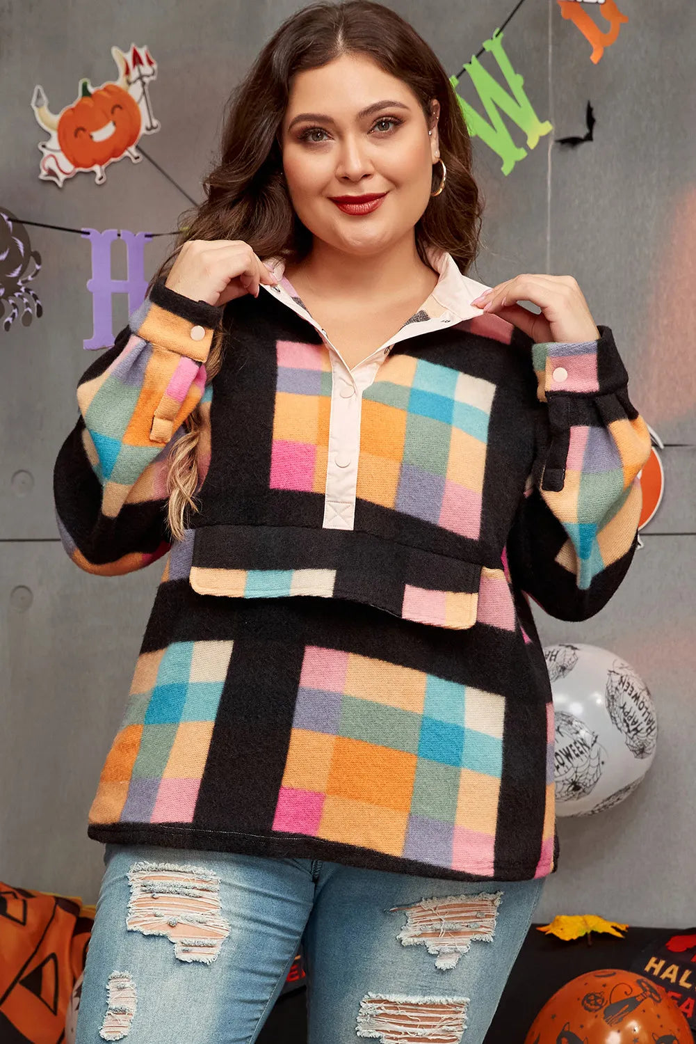 Plus Size Color Block Half Snap Long Sleeve Sweatshirt - XL THRU 4XL ONLY - T -1 COLOR