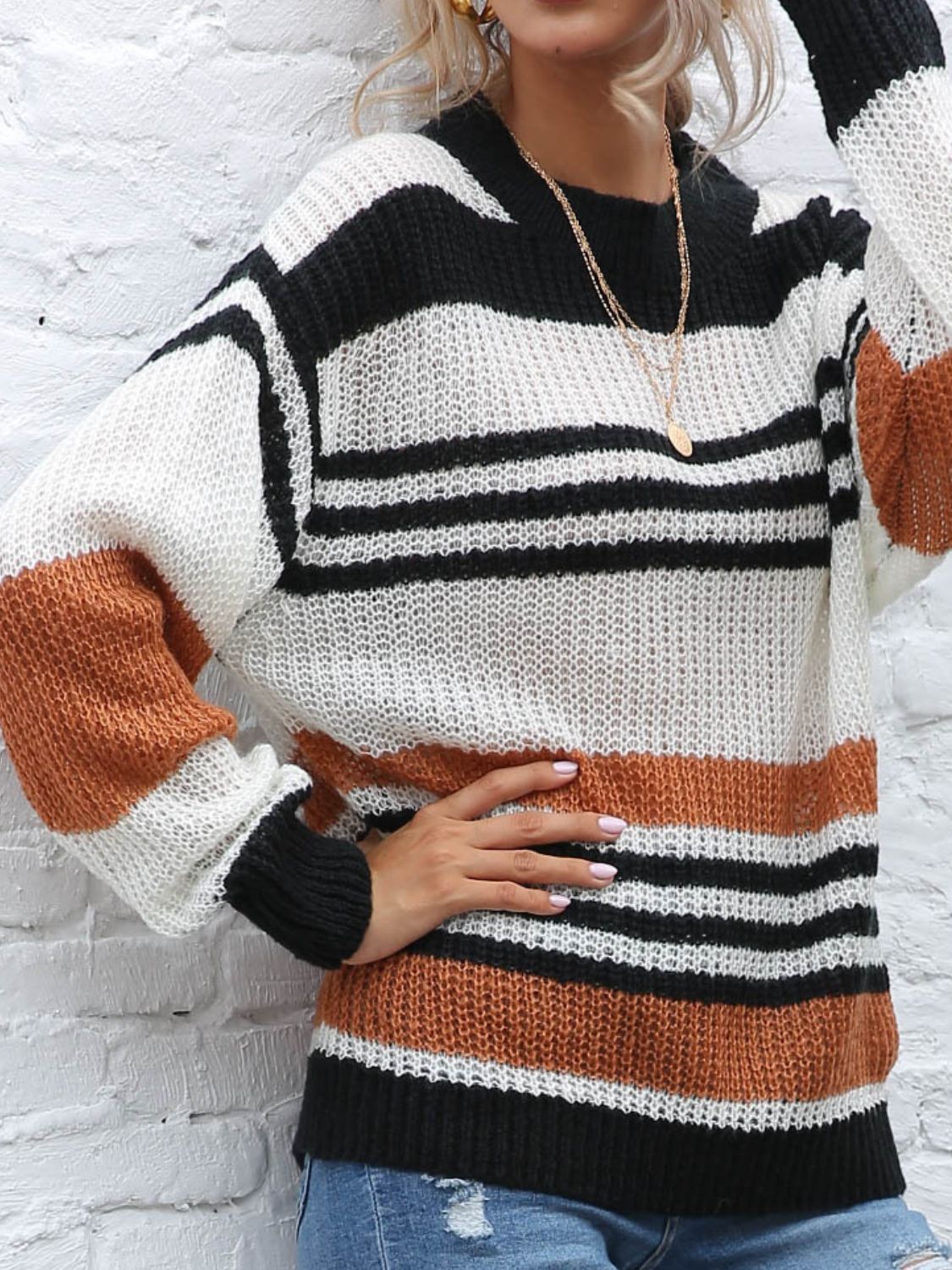 Contrast Striped Round Neck Long Sleeve Sweater - T - 1 COLOR -